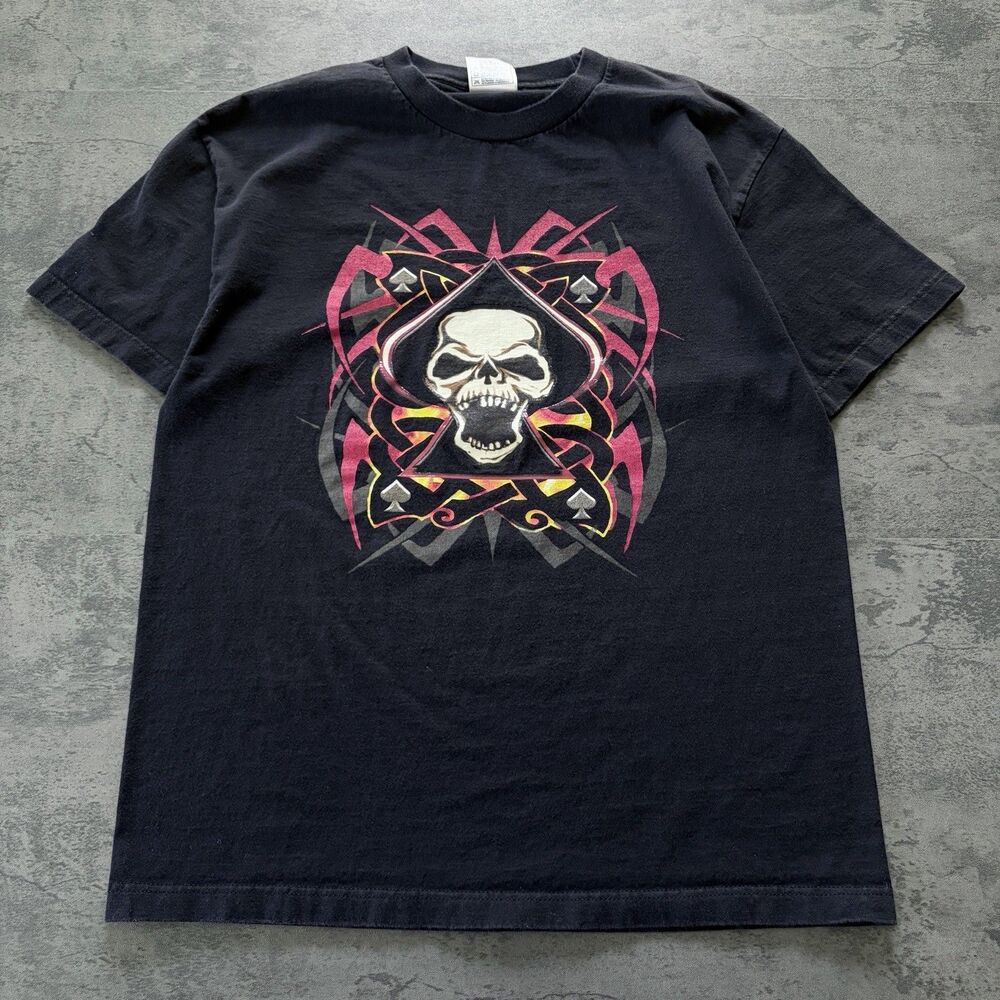 Mens Y2K Gothic Skull Flame T-Shirt Black Vintage Style Streetwear Grunge Sz L